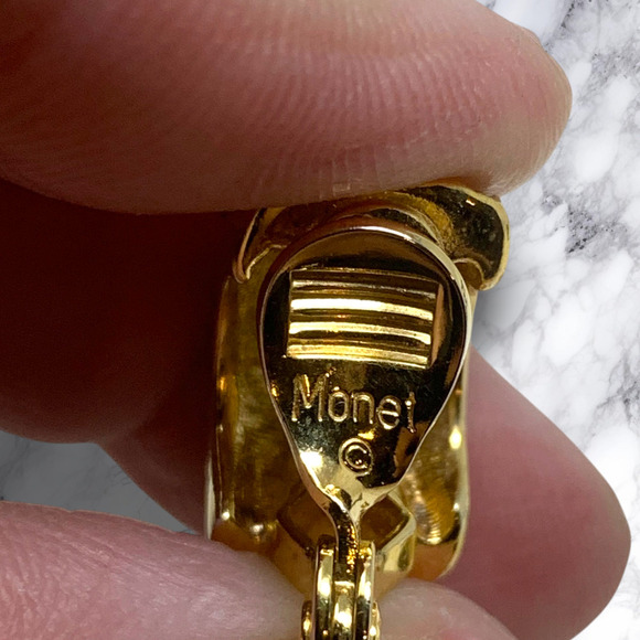 Vintage Monet Art Deco Nouveau Earrings Clear Blue Crystal Demi Hoops Leverback - Picture 4 of 7